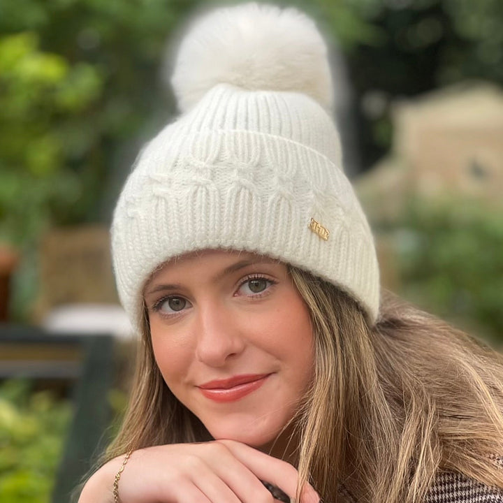 WS - 60 % Angora Beanie - Off White & luxe Pom pom Tania Hird Designs