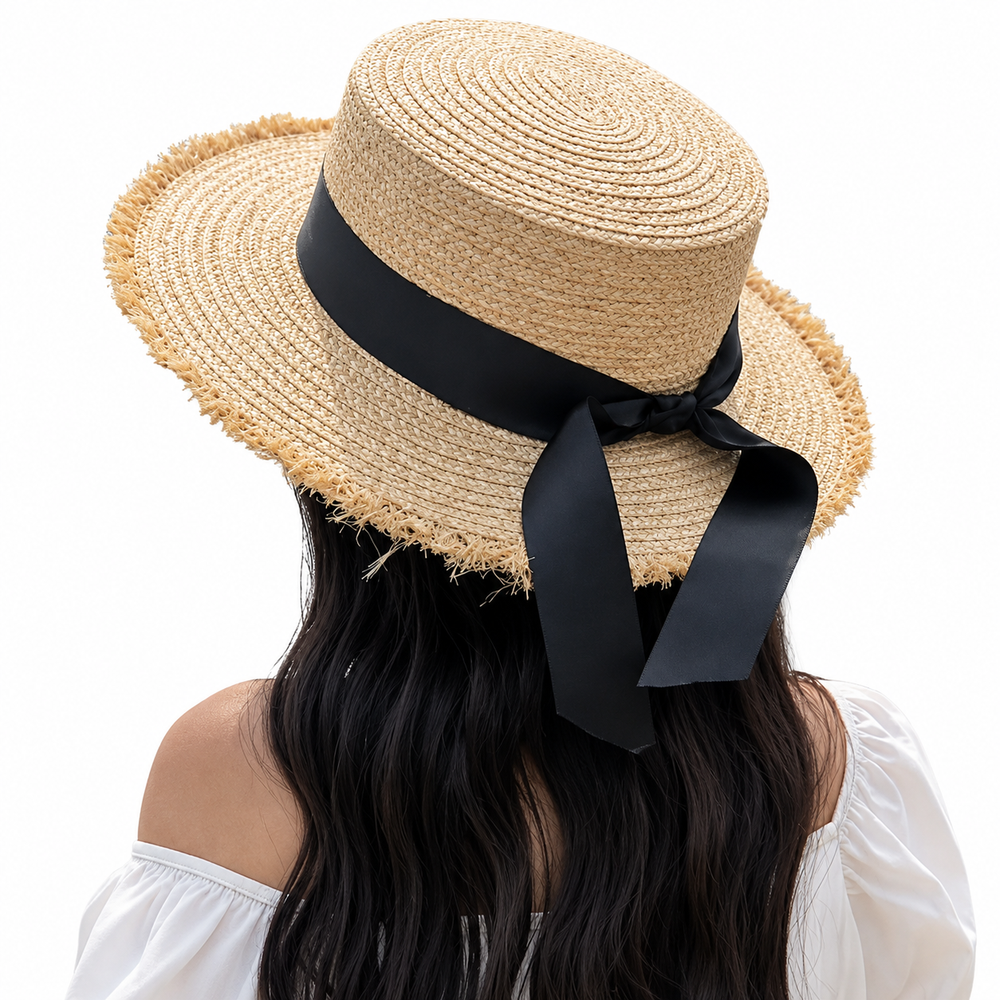 WS Raffia Straw Boater - Black Ribbon - Image 1