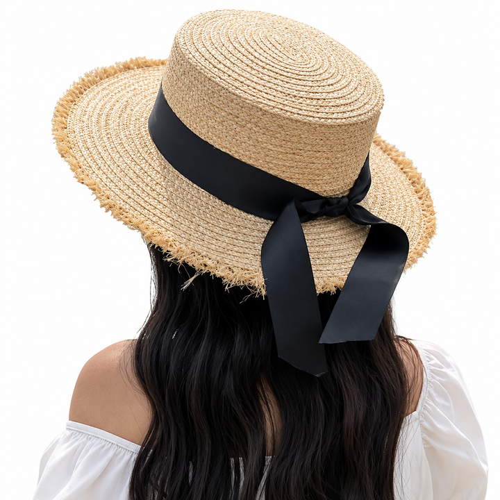 WS Raffia Straw Boater - Black Ribbon - Image 1