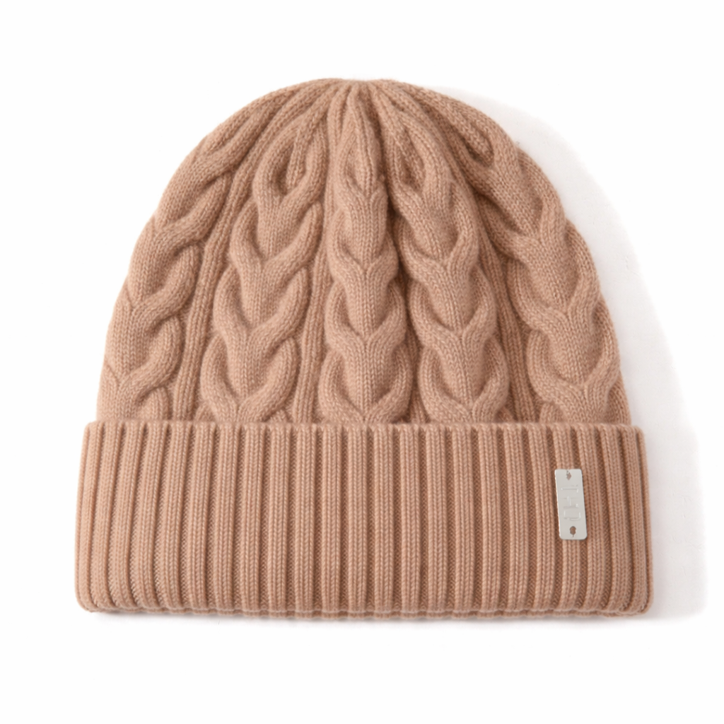 WS - Cable wool knitted beanie -Light Fawn tania hird designs