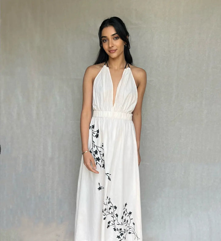 WS Georgina Linen embroidered Halter Dress - Pink & Black