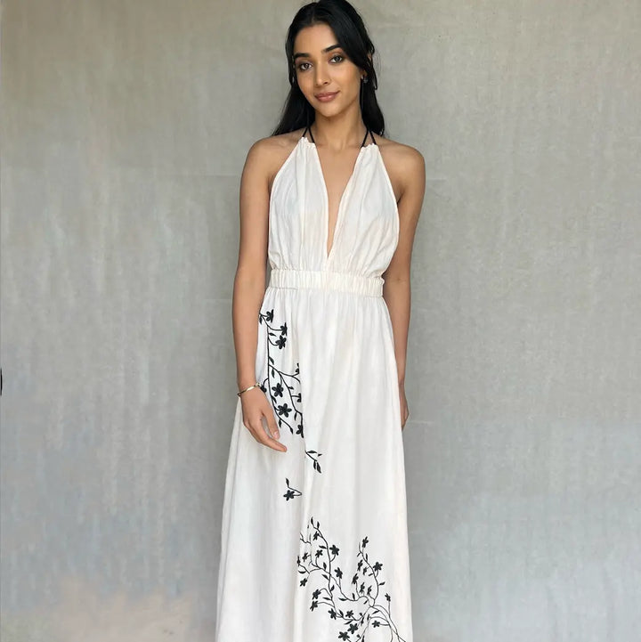Georgina Linen embroidered Halter Dress - Pink & Black