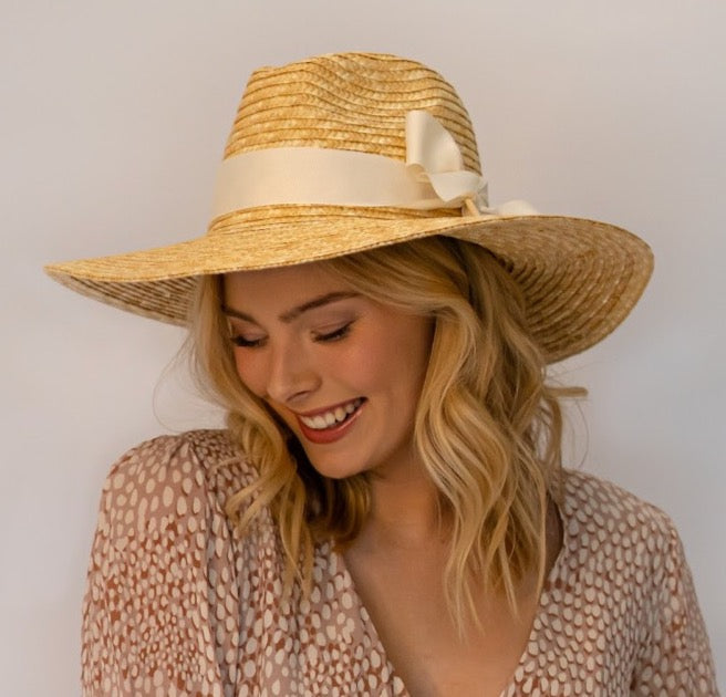 100% Wheat Straw Panama Ultrawide brim natural  straw- Off white Ribbon