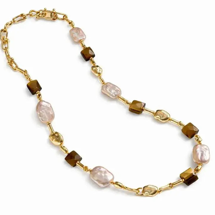 Solene pearl and tiger eye stone Necklace - Tania Hird Designs
