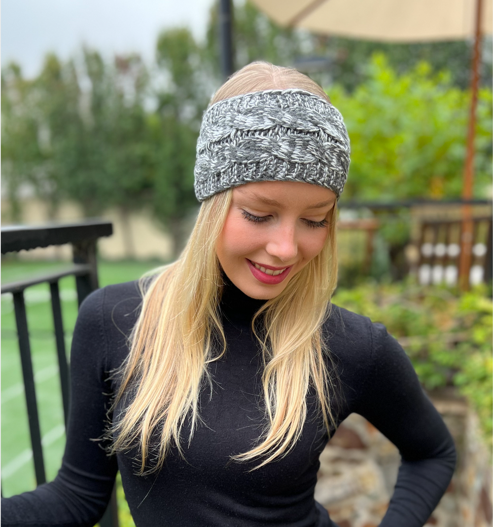 Knitted Cable Headband - Grey & White