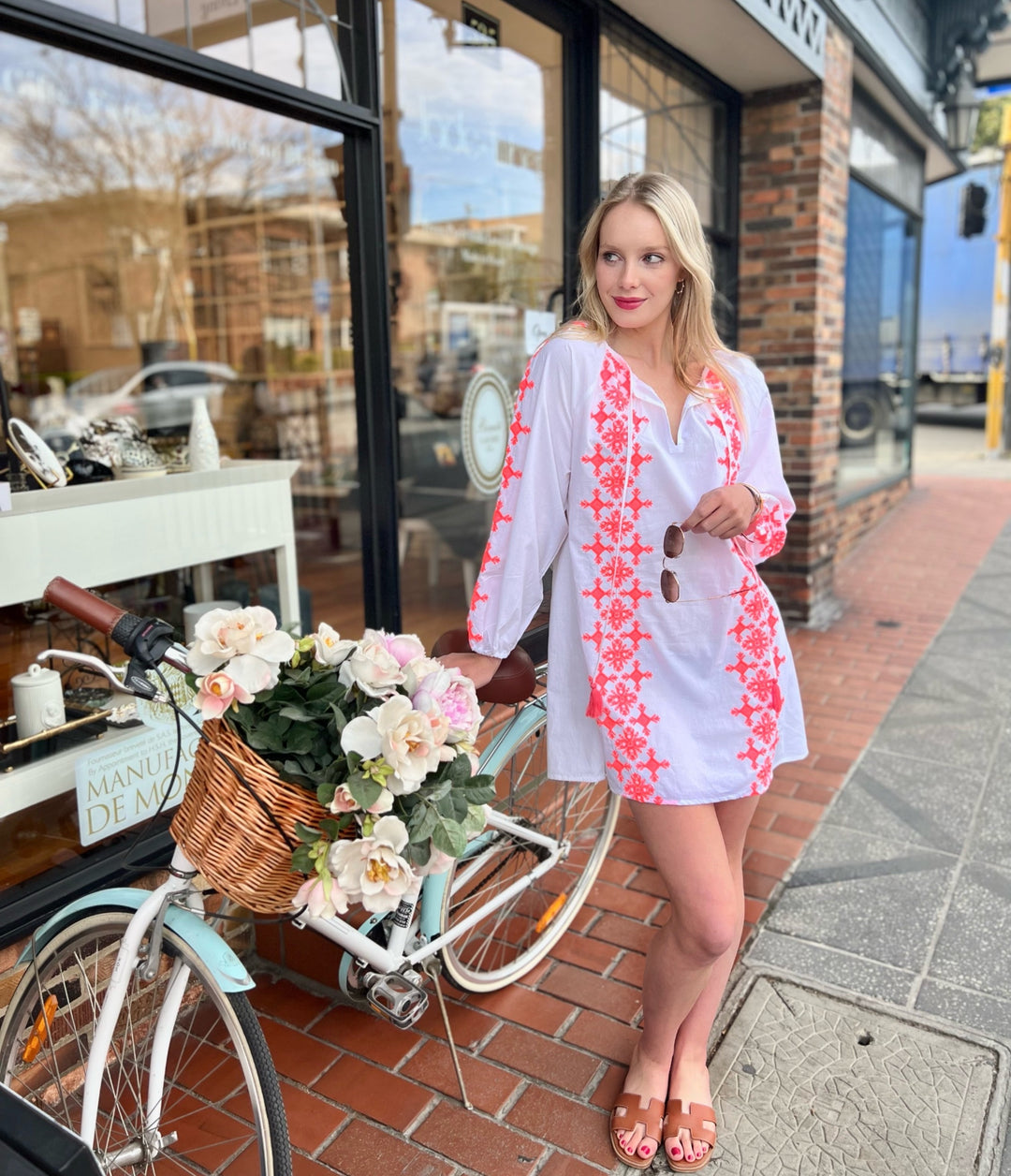 WS 'Ikaria' Embroidered Cotton Dress in Neon Pink - Long
