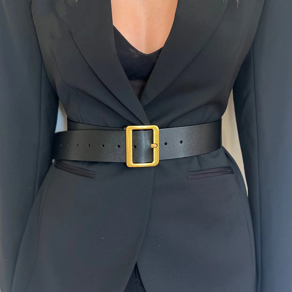 WS Black Leather Boston Belt Gold 4.8cm