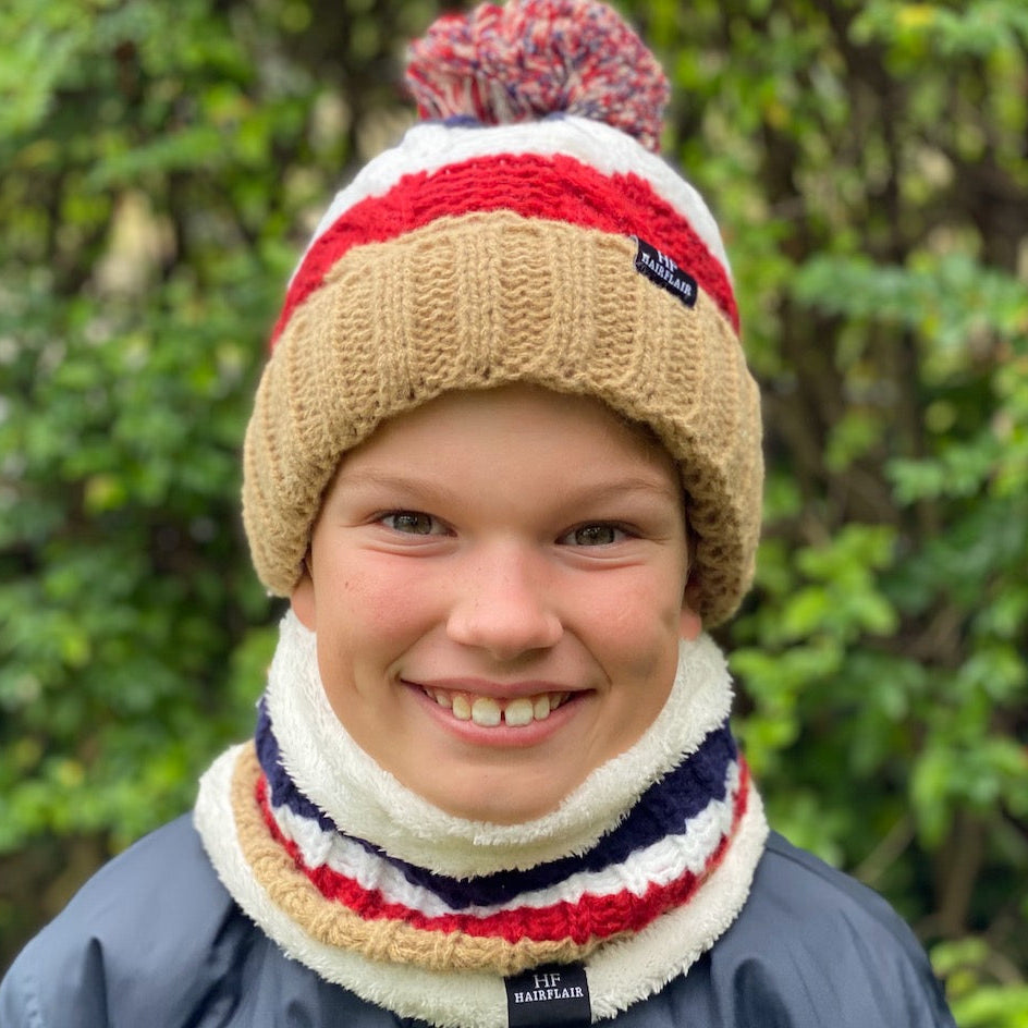 WS - KIDS Beanie &  Scarf - Stripe Taupe 3-10yr
