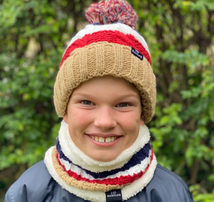 KIDS Beanie & Scarf - Unisex Stripe Taupe 3-10yr