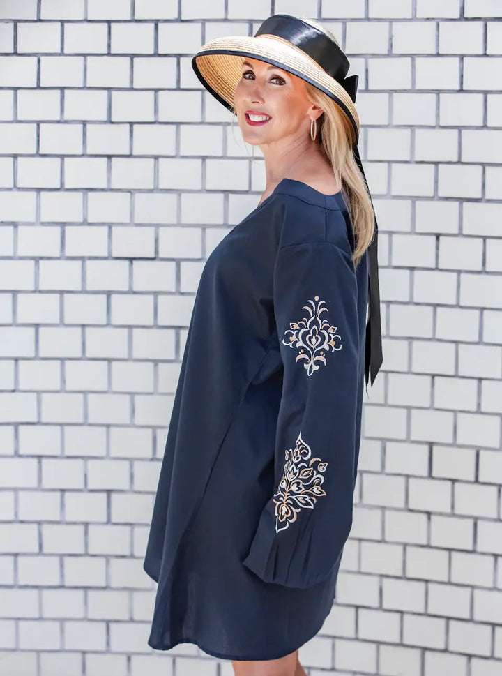 Persephone Linen Navy & Gold Embroidered Dress