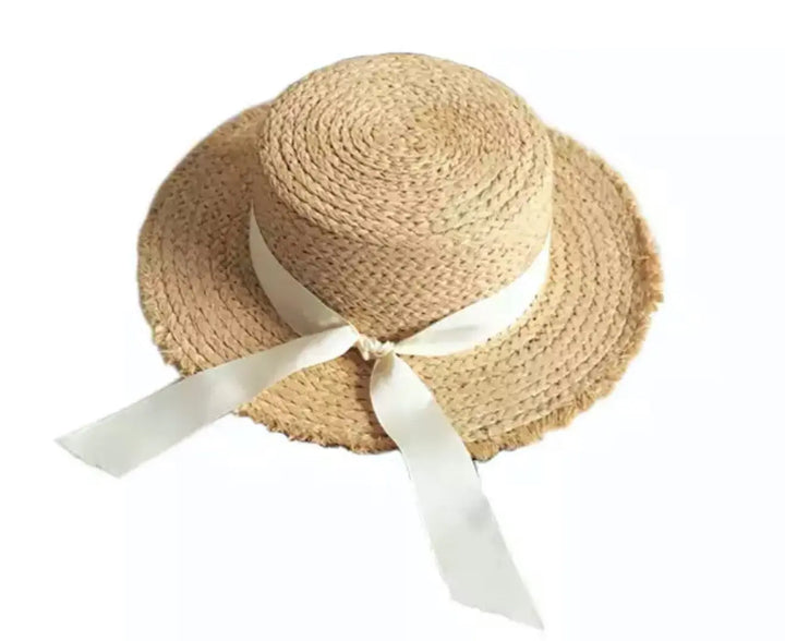 WS - 100% Raffia Straw Boater- Off White Ribbon 746935882532