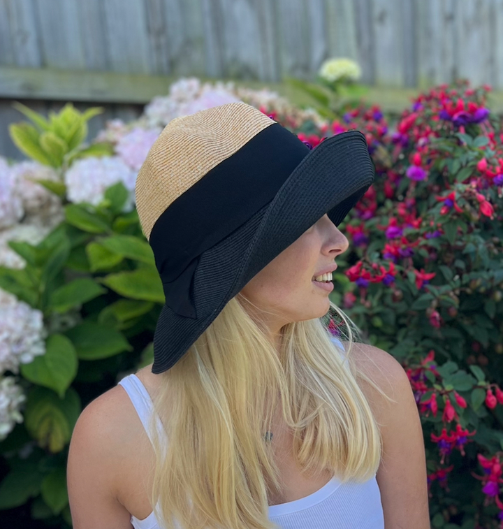 Premium Foldable Fisherman Hat with Bow in Black & Natural