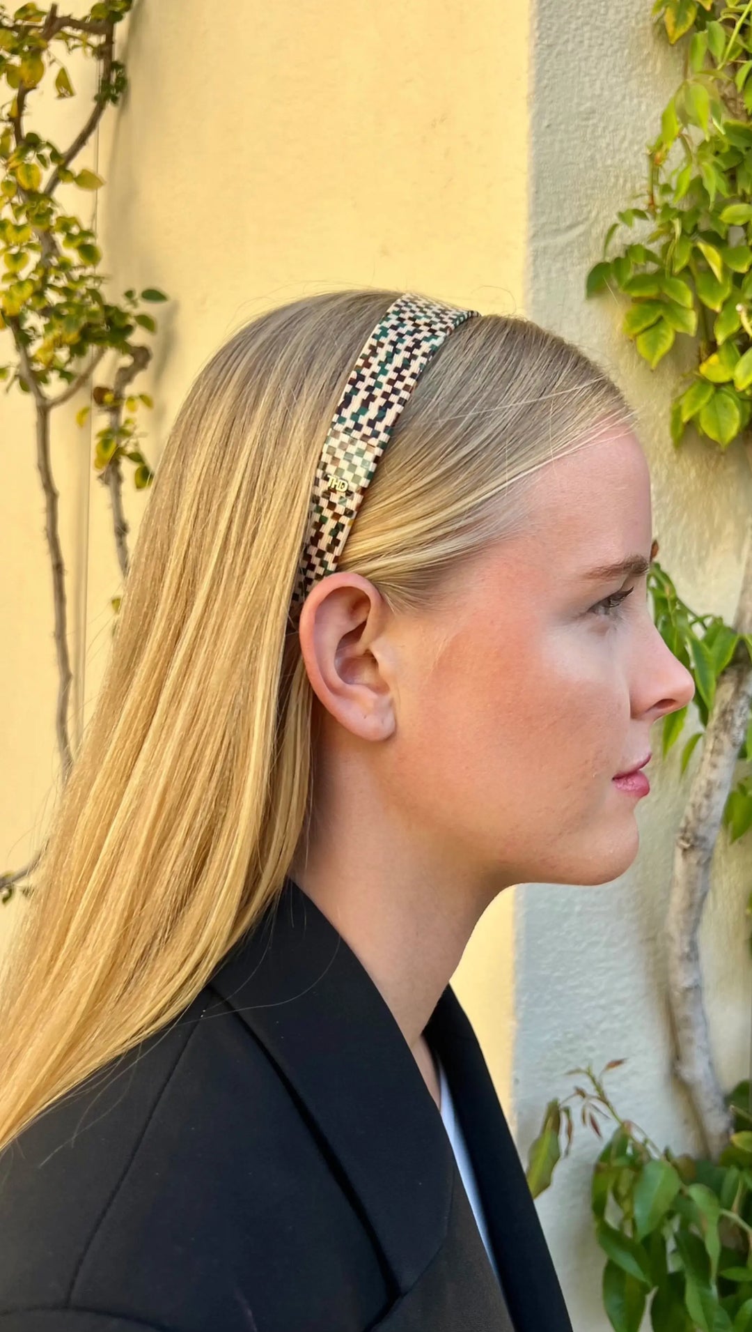 WS Acetate Headband -2.5cm Gold green white check