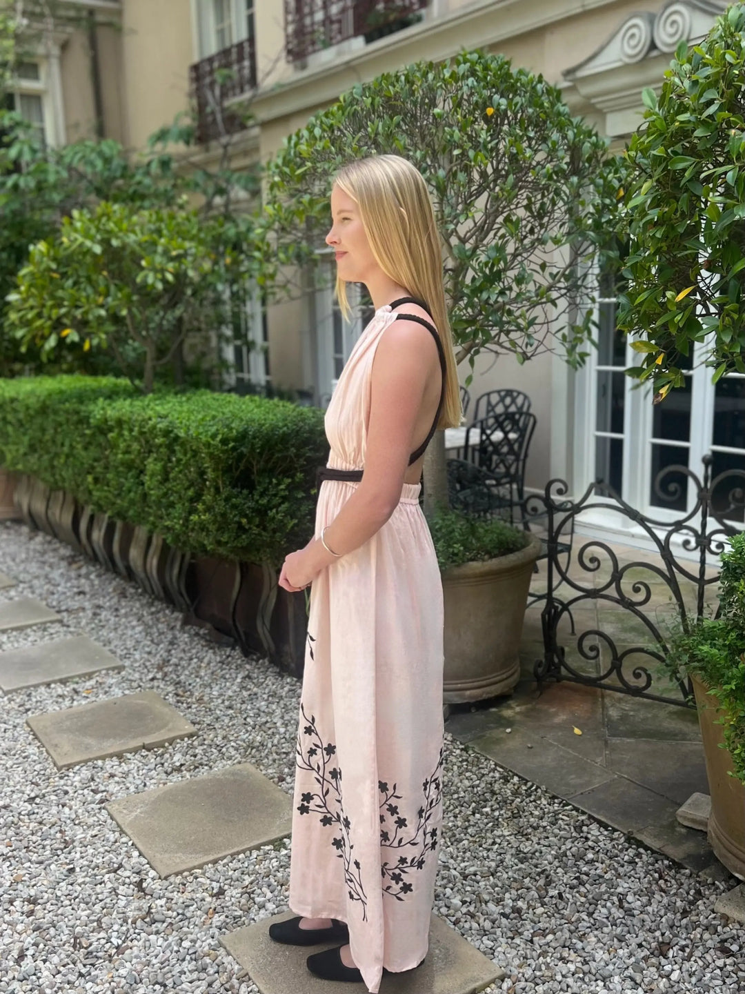 Georgina Linen embroidered Halter Dress - Pink & Black