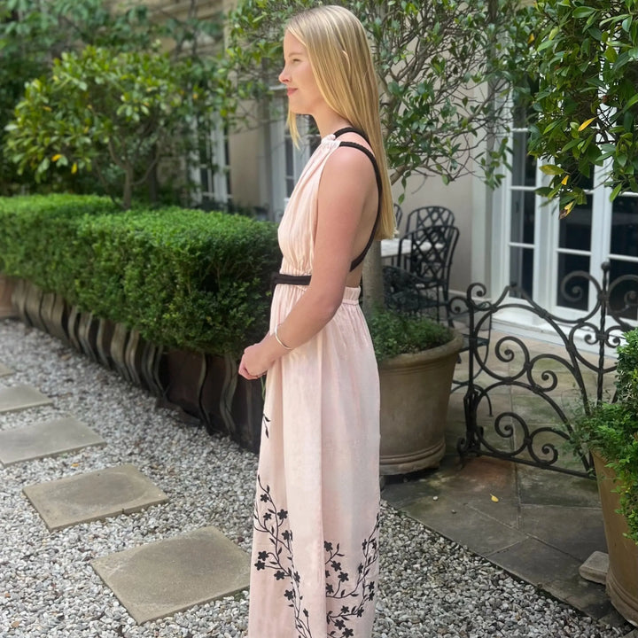 Georgina Linen embroidered Halter Dress - Pink & Black