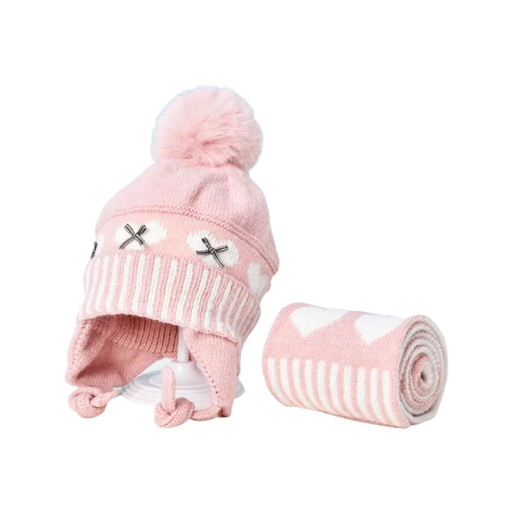 KIDS Beanie knitted Pink & White Hearts & Scarf - 1-6yrs