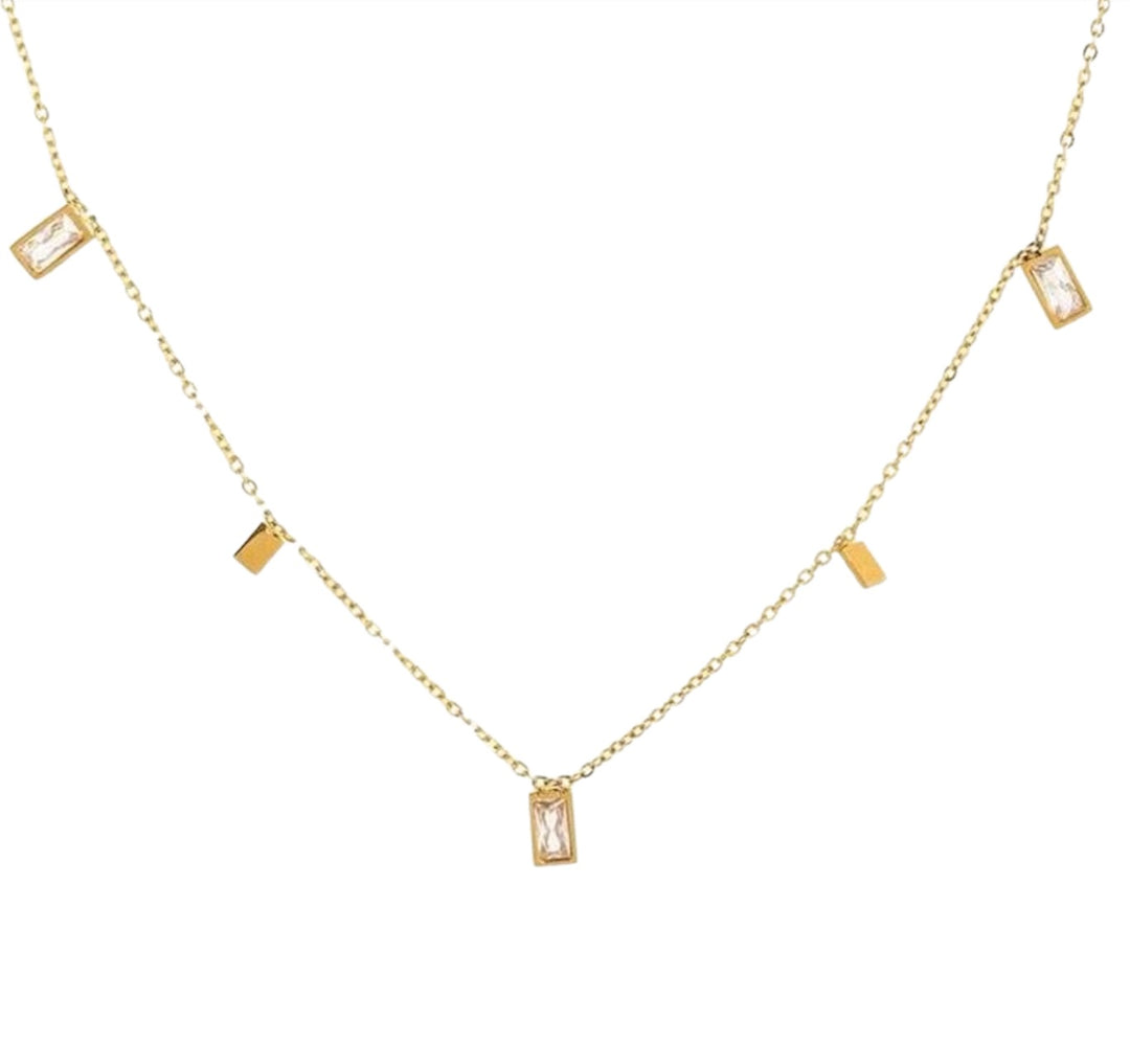 5 Baguette Charm Necklace on Gold - Clear