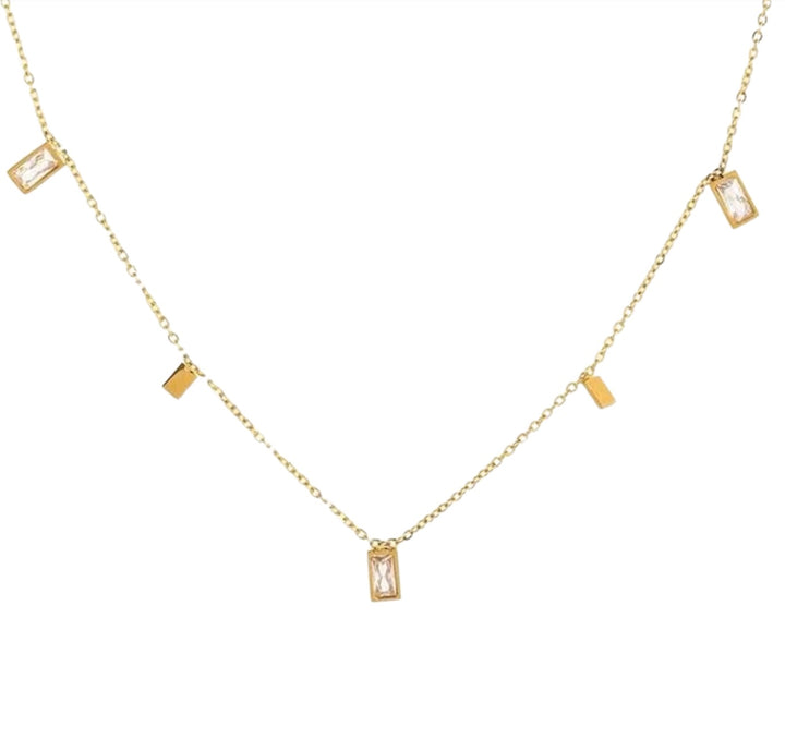 5 Baguette Charm Necklace on Gold - Clear