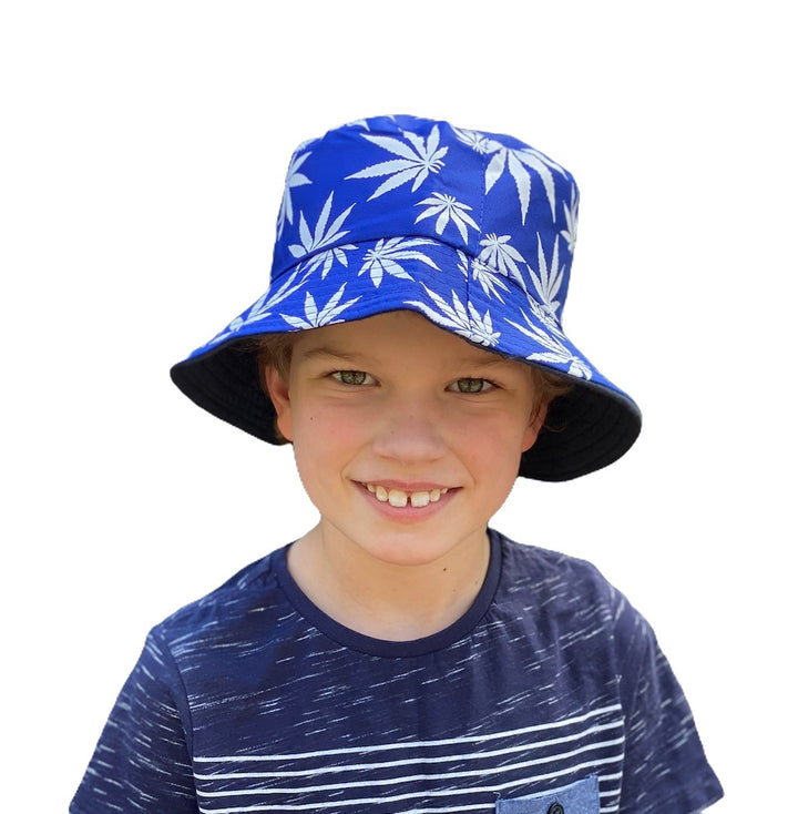Bucket Hat - reversible- Blue Palm/Black 7yrs or older
