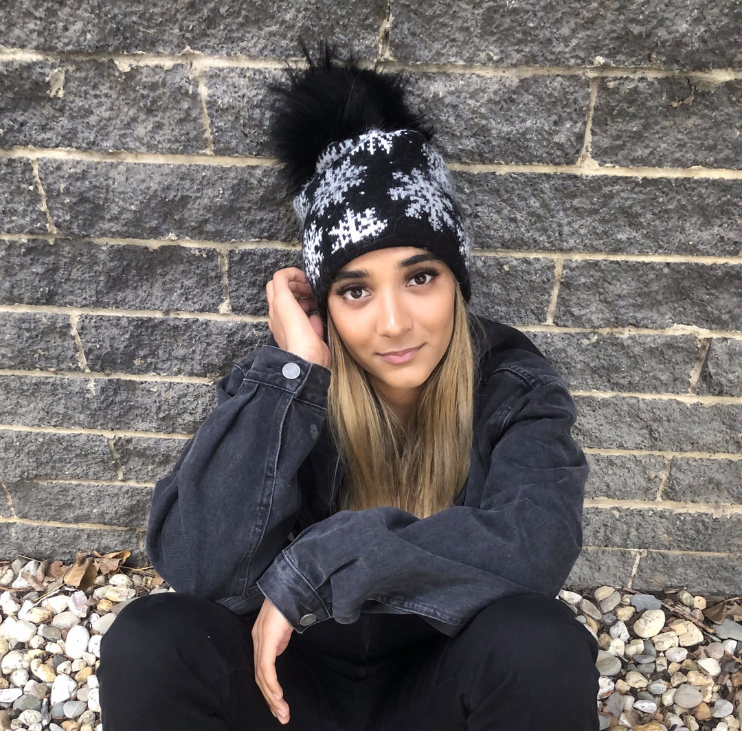 Angora blend Snow Beanie - Black & Black Luxe Pom Pom