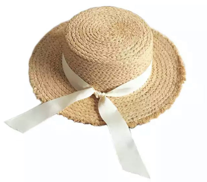 100% Raffia Straw Boater- Off White Ribbon