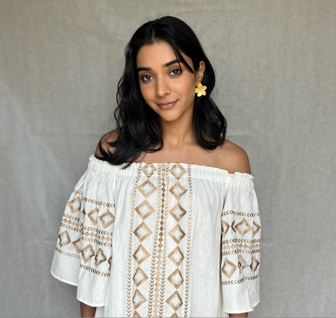 Olympia Off- shoulder Linen embroidered Dress