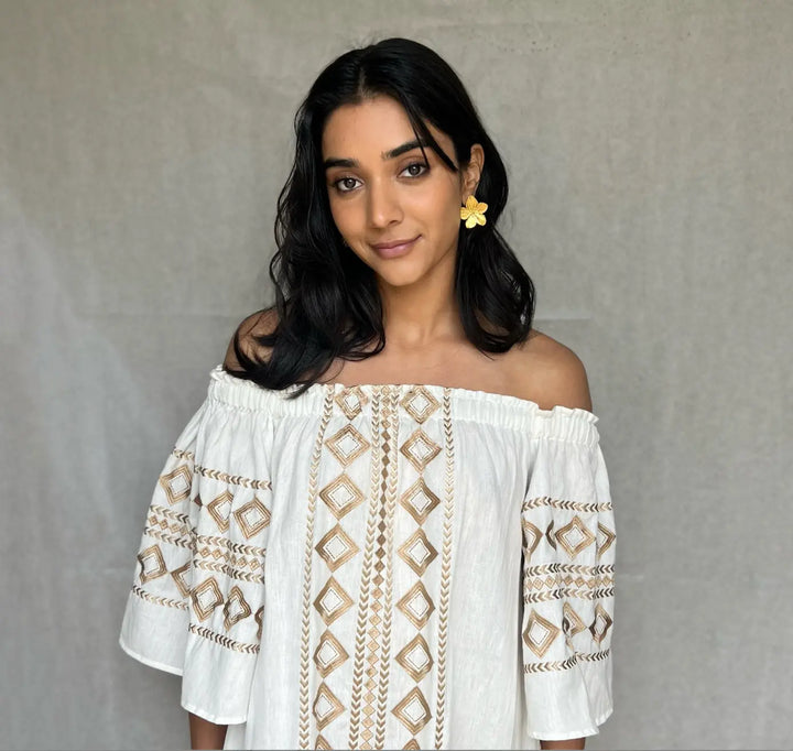 Olympia Off- shoulder Linen embroidered Dress