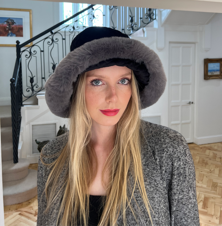 WS Faux Fur Quilted Bucket Hat - Black/Grey - Image 1