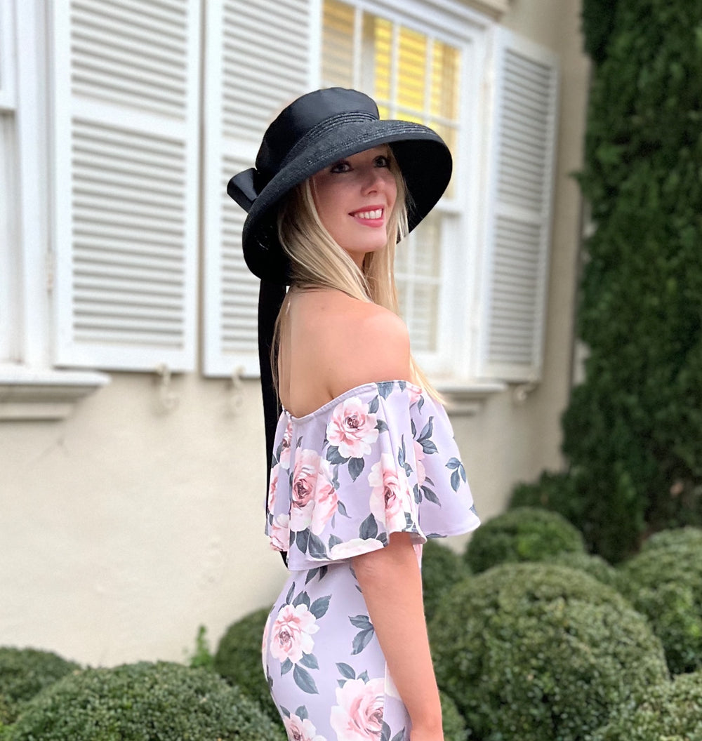 Hepburn - 100% Wheat Straw Open Hat with Black Ribbon Tie - Black