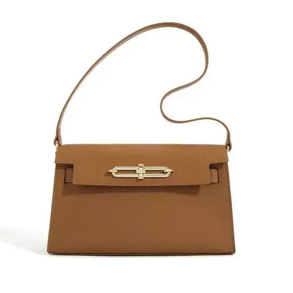 Brown handbag with a gold clasp on a white background