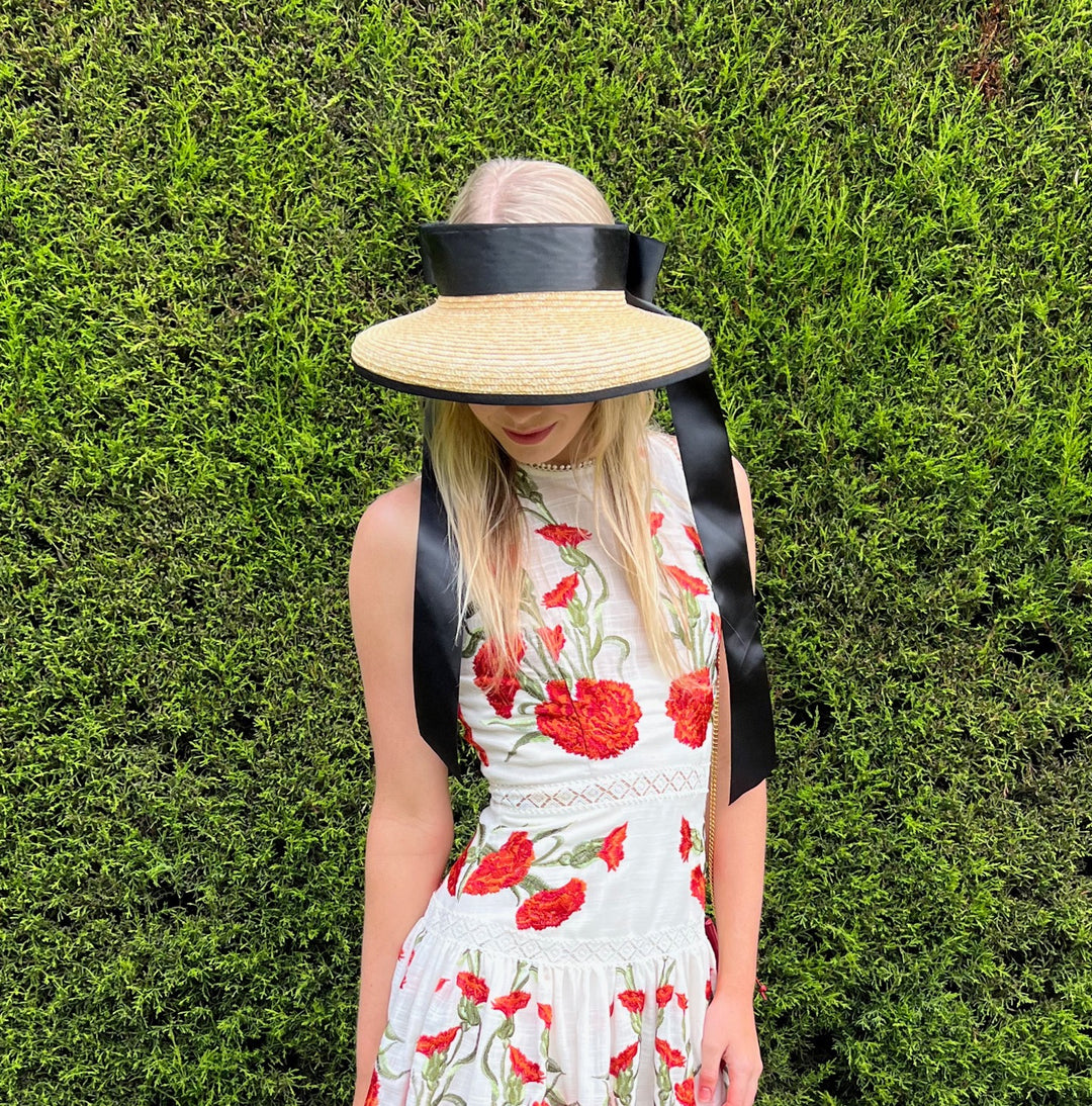 Hepburn - 100% Wheat Straw Open Hat with Black Ribbon Tie - Natural