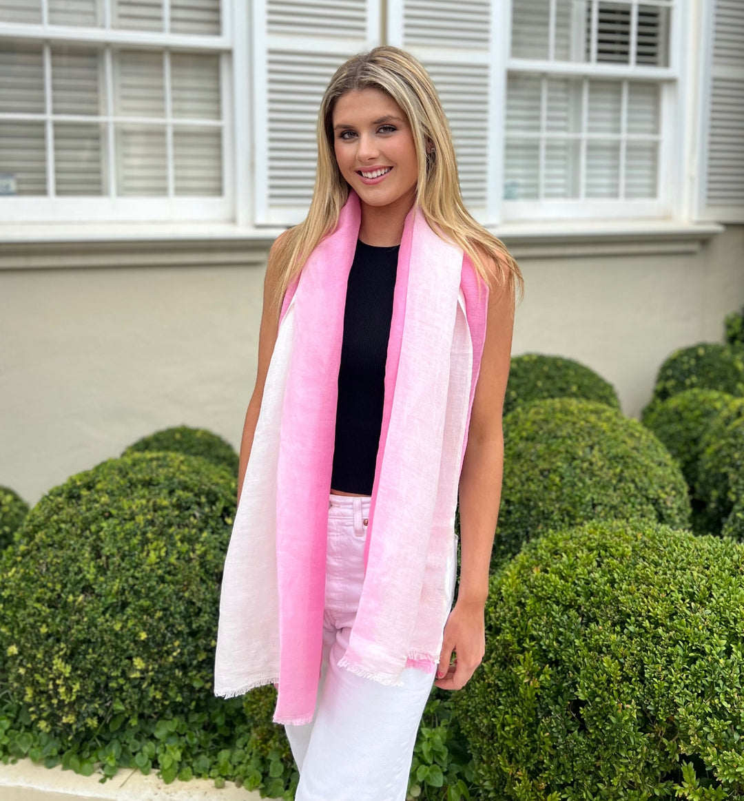 Linen Handwoven Ombre Scarf in PirouettePink/White