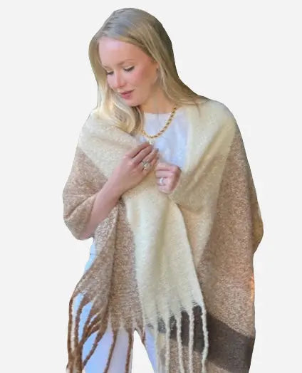 Oversized Cuddly Blanket Scarf in Off-white, Camels, and Browns