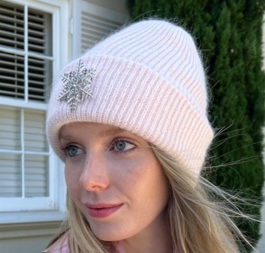 Angora Blend Beanie with SnowFlake- Pink
