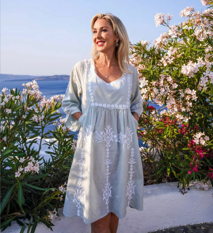 Gaia embroidered Dress in Sea Mist