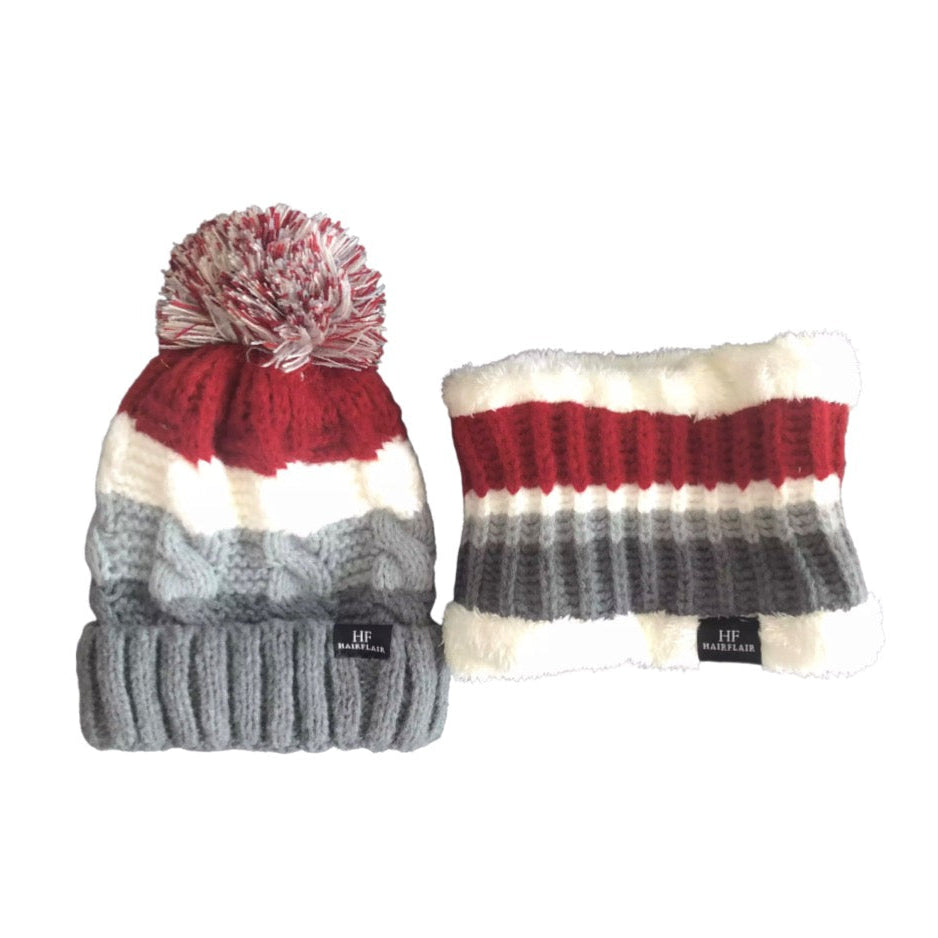 WS - KIDS Beanie & Scarf - Stripe Grey Unisex   3-10yr