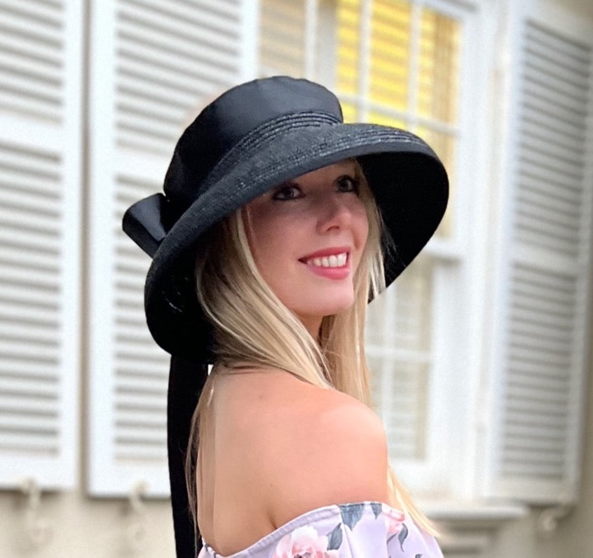 Hepburn - 100% Wheat Straw Open Hat with Black Ribbon Tie - Black
