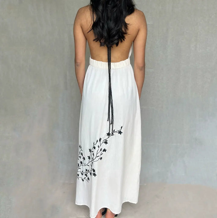 Georgina Linen embroidered Halter Dress - Pink & Black