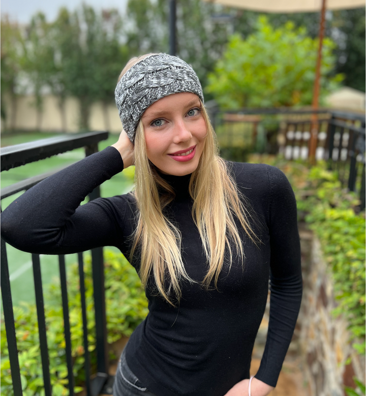 Knitted Cable Headband - Grey & White