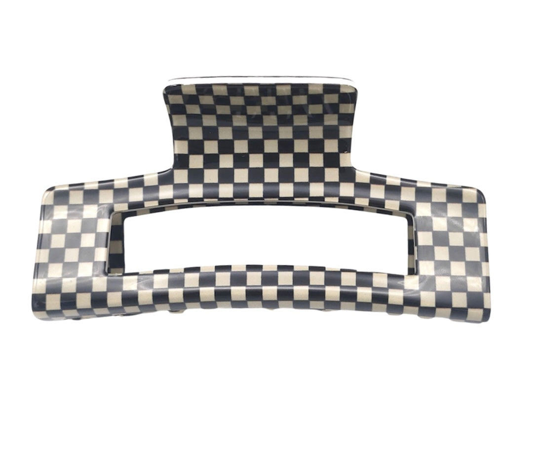 Acetate Large Rectangular Claw in Black & White check Tania Hird Designs
