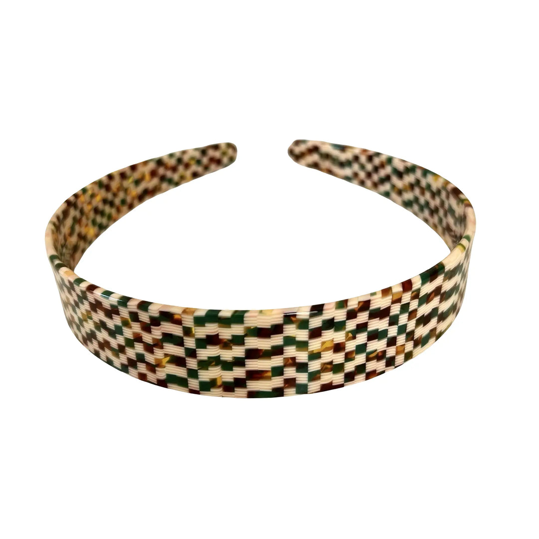 WS Acetate Headband -2.5cm Gold green white check