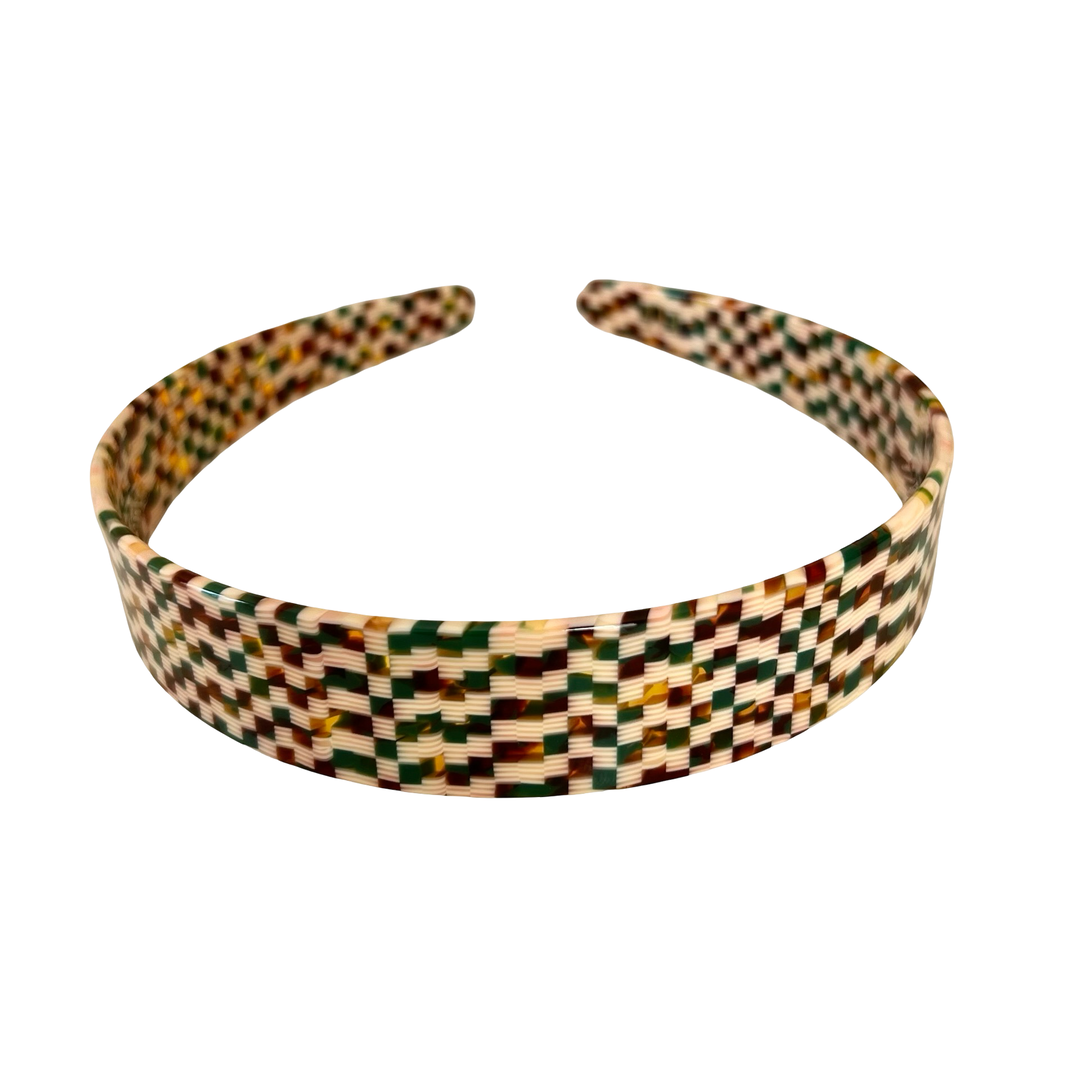 Acetate Headband -2.5cm Gold green white check