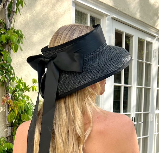 Hepburn - 100% Wheat Straw Open Hat with Black Ribbon Tie - Black