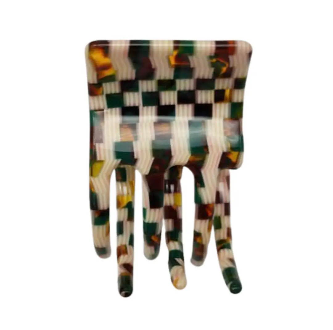 Acetate Square Hair Claw in Gold/Gold/Beige Check