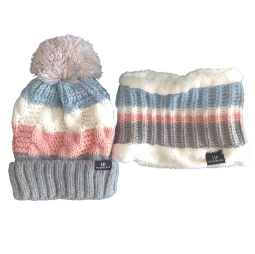 WS - KIDS Beanie &  Scarf - Stripe Pink 3-10yr