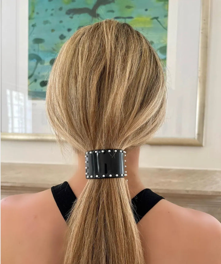 Oversized curved Barrette - black with pearls