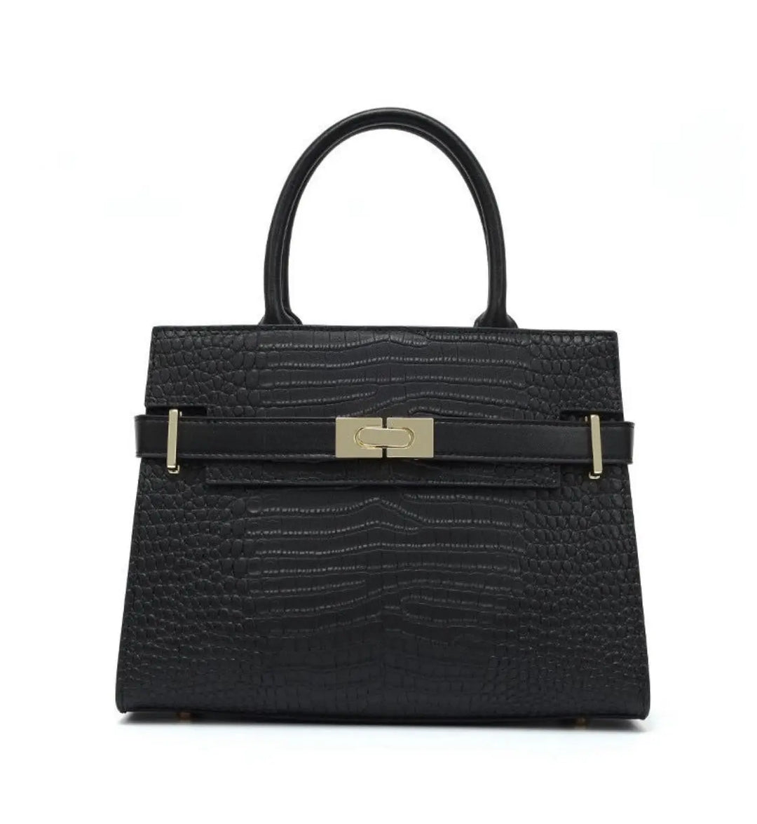 WS Alexandra Medium Cowhide Croc Tote Bag - Black
