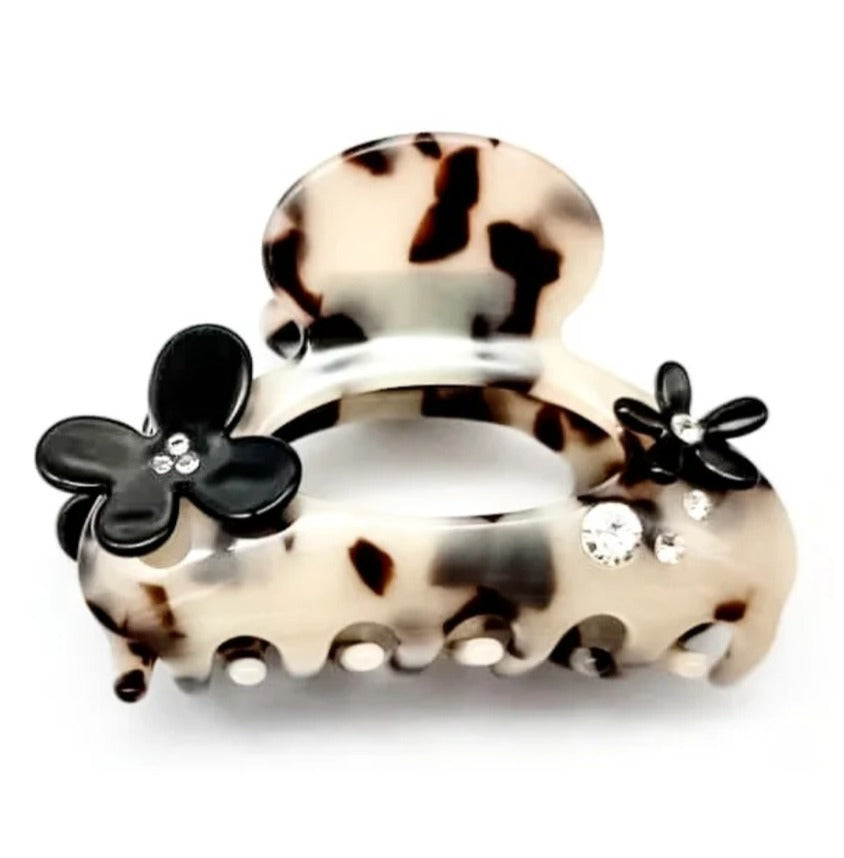 Premium Large Hairclaw with Swarovski Crystals Flowers - Light Turtle