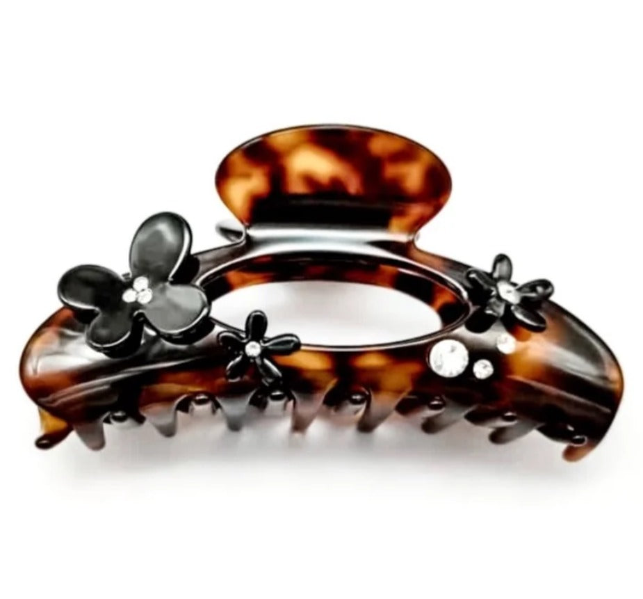 Premium Oversized Hairclaw with Swarovski Crystals & Flowers - Dark Tortoise