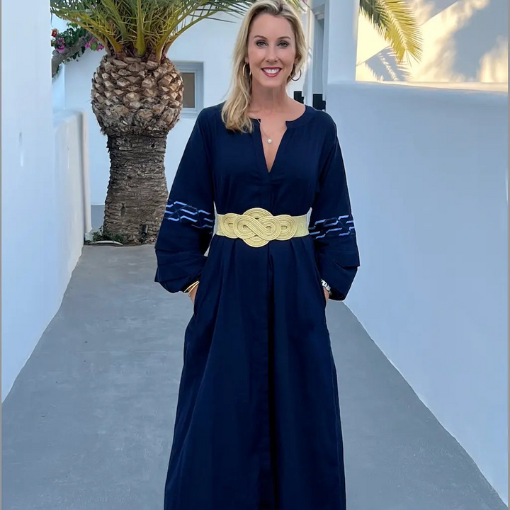 WS - Aphrodite Linen embroidered Navy Dress - Navy & Gold - Image 3